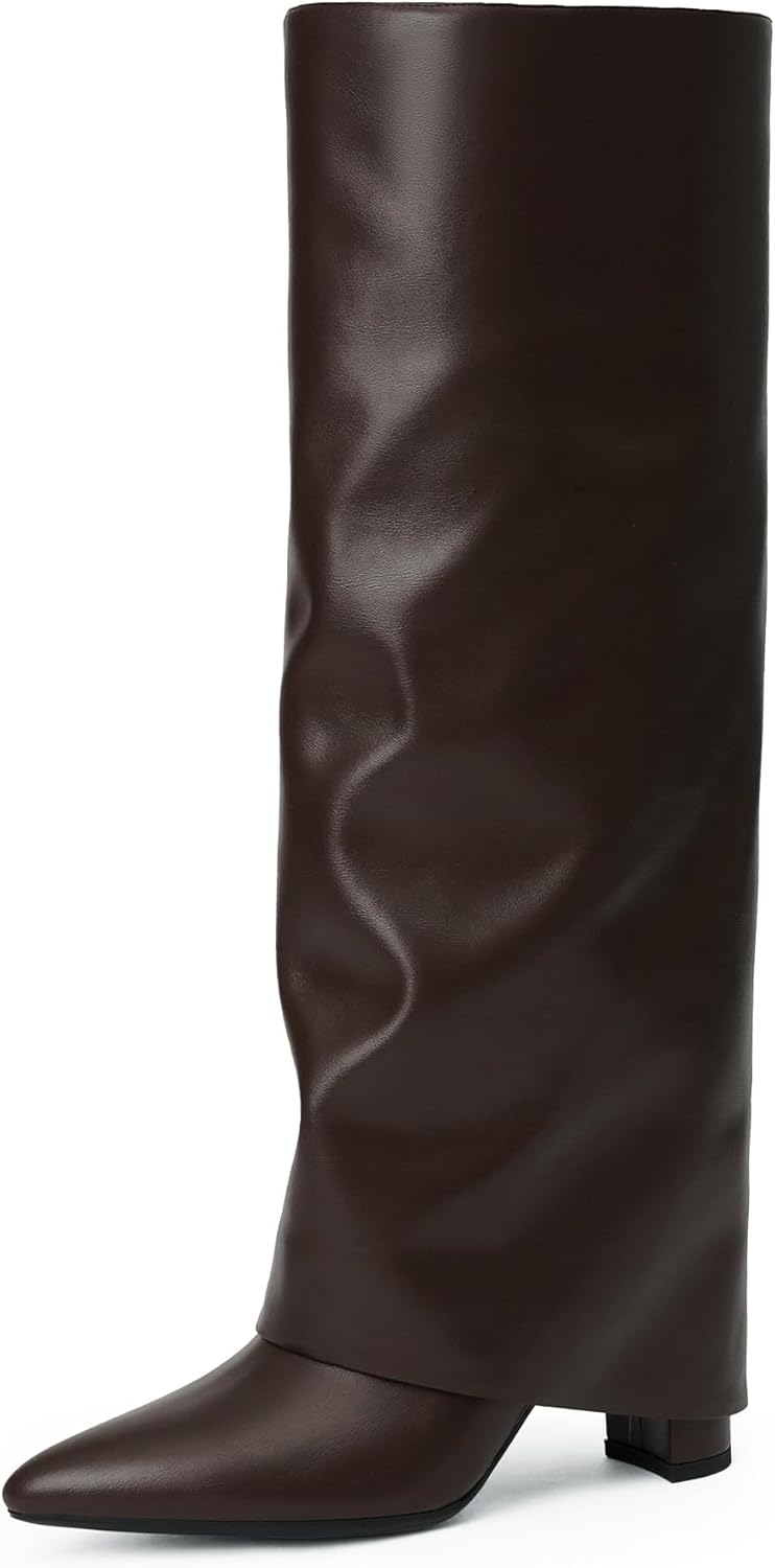 Modatope Knee High Boots Women Fold Over Knee High Boots Chunky High Heels Long Boots Zipper Pointed Toe Dress Tall Boots for Women-51