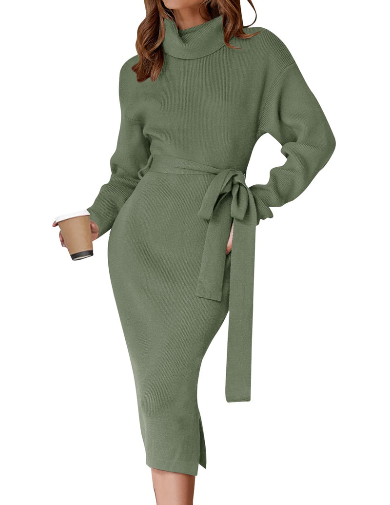 ZESICA Women's Turtleneck Sweater Midi Dress Long Sleeve Ribbed Knit Bodycon Slit Dress with Belt-42