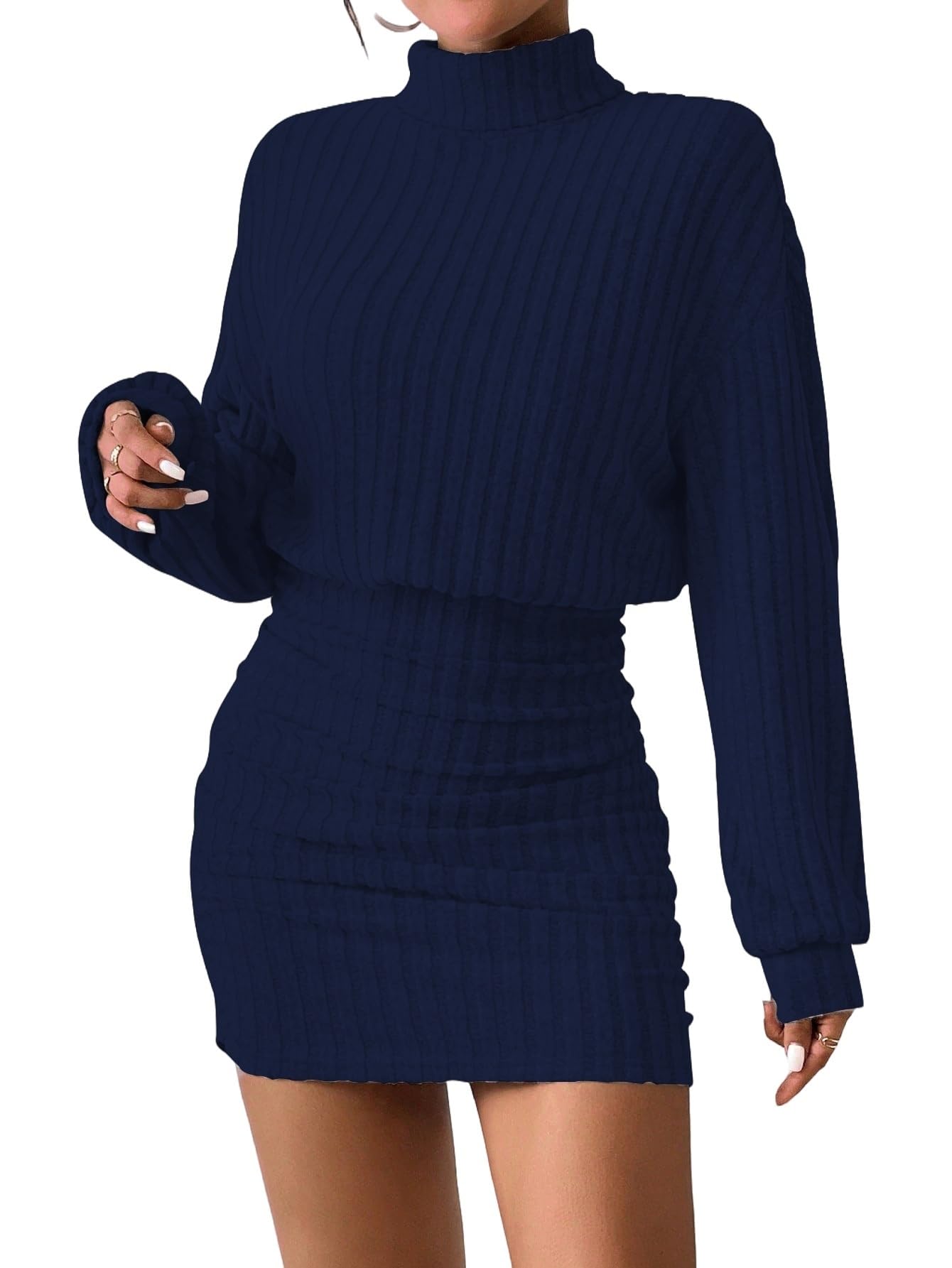 Women's Pullover Sweater Dress Long Lantern Sleeve Turtle Neck Cute Ribbed Knit Bodycon Mini Short Dress 2025 Fall-93