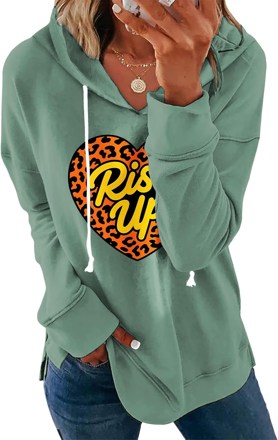 Womens Casual Loose Fit Pullover Sweatshirt with Artistic Print Drawstring Hood Long Sleeve Cotton Blend for Fall-46