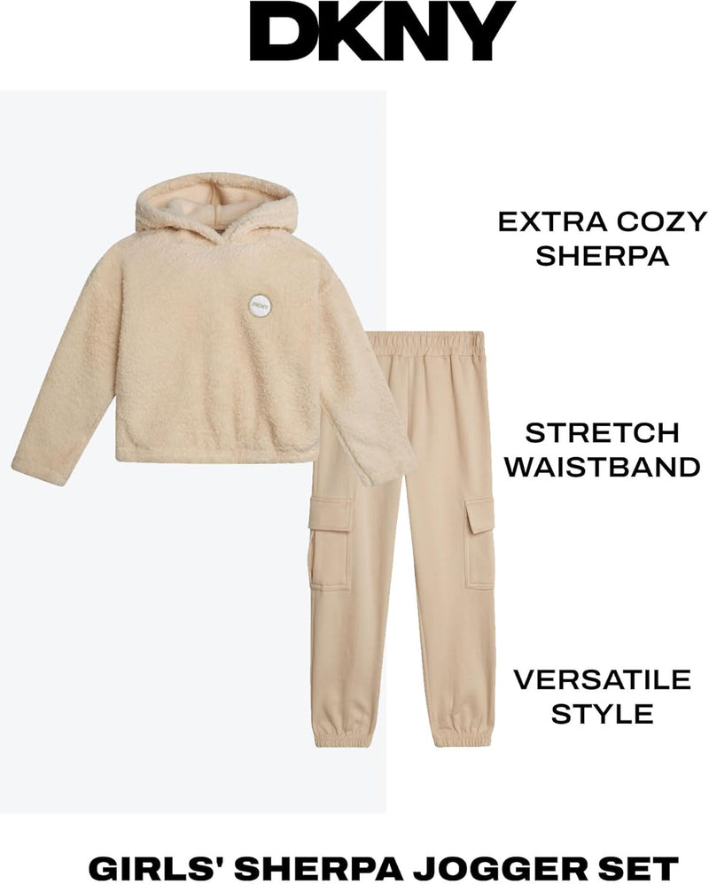 DKNY Girls Tracksuit Set - 2 Piece Cozy Soft Sherpa Fur Pullover Hoodie and Cargo Joggers Sweatpants Girls Sweatsuit Set