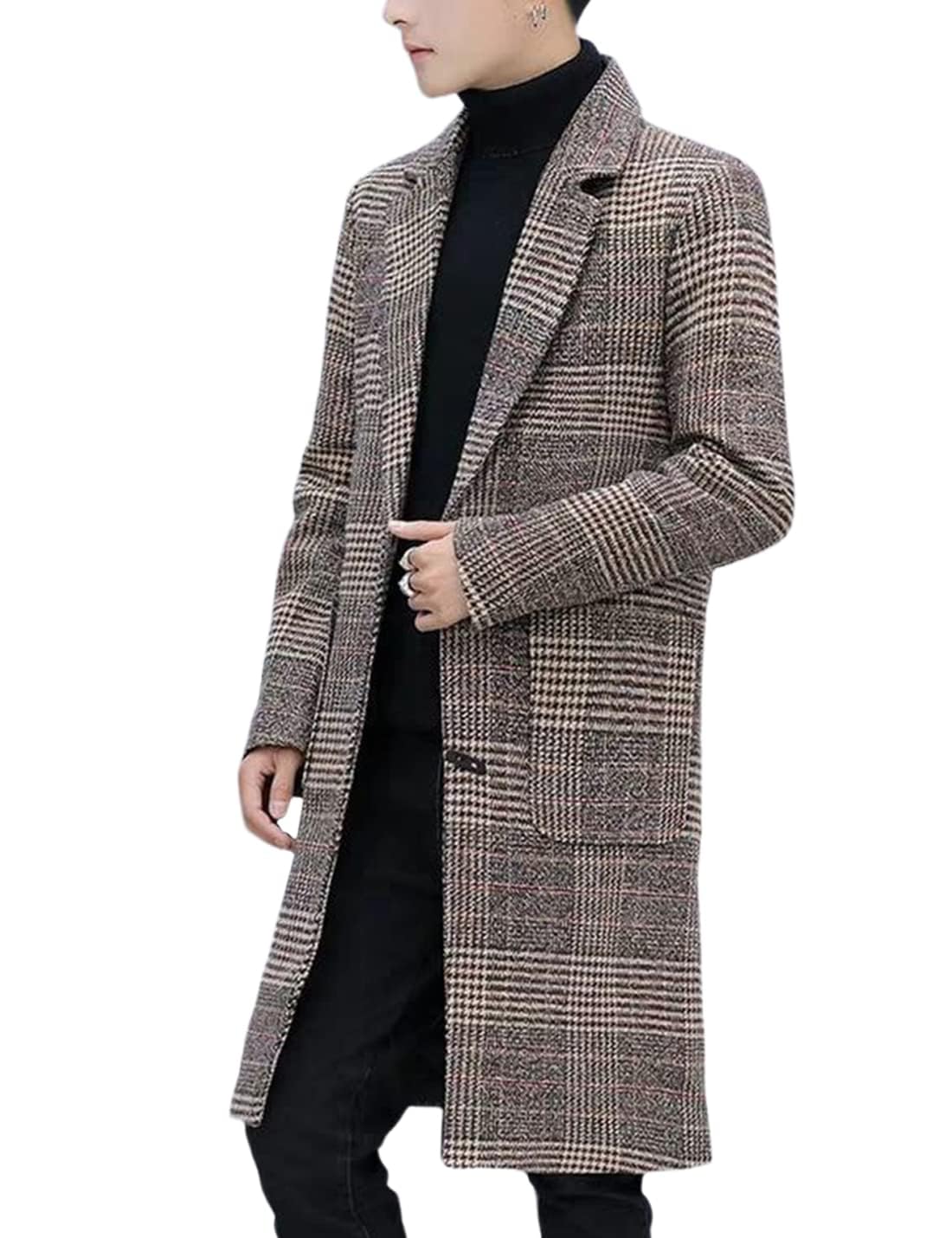 Springrain Men's Wool Blend Pea Coat Notched Collar Single Breasted Overcoat Warm Winter Trench Coat-57