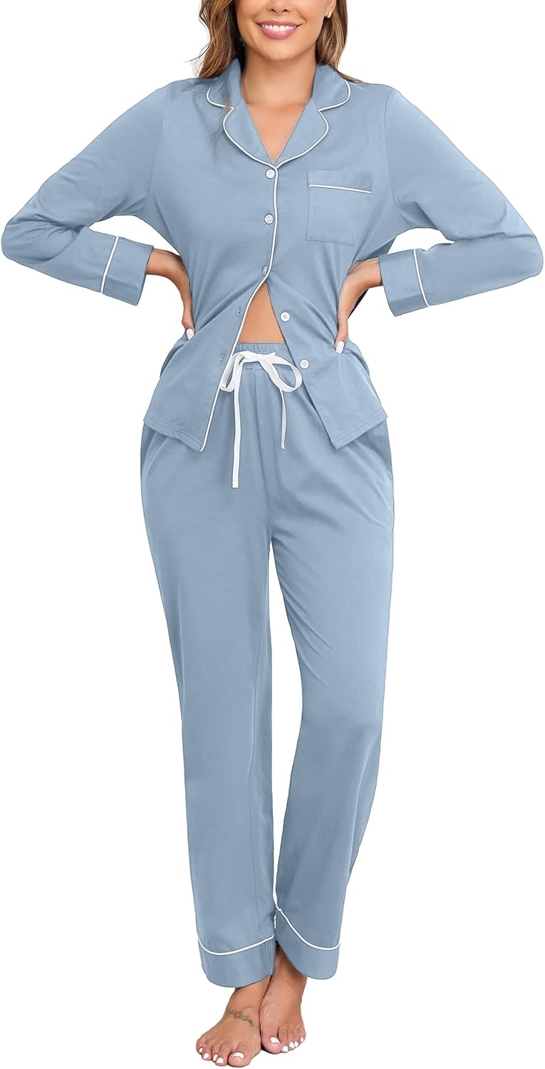 Veseacky 100% Cotton Pajamas for Women Set Long Sleeve Button Down Sleepwear Soft Pjs Lounge Sets with Pockets XS-XXL-25
