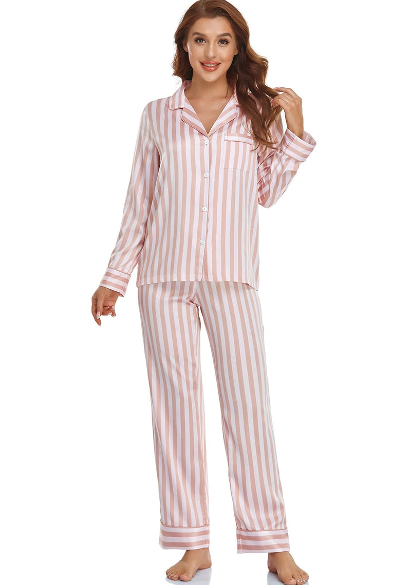 Women's Satin Pajama Set Long Sleeve Button Down Sleepwear 2-Piece Silky Pj Set-4