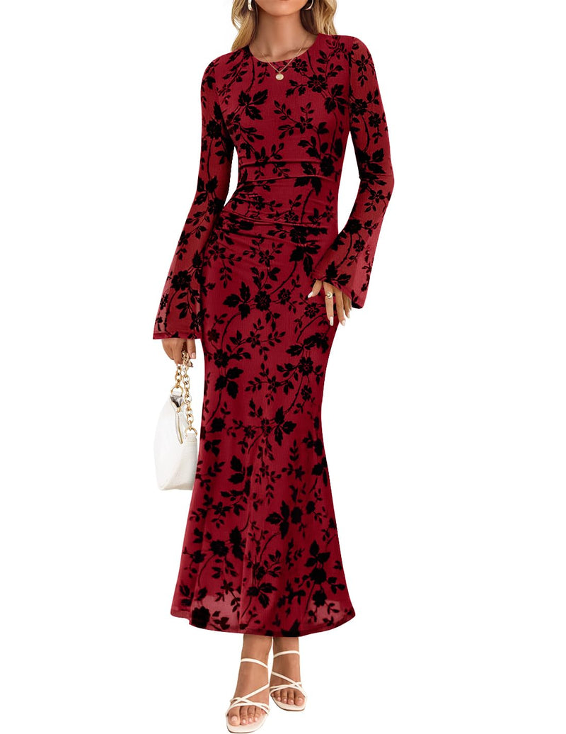 ZESICA Women's Long Sleeve Floral Bodycon Dress 2026 Spring Fall Ruched Mesh Wedding Guest Cocktail Party Maxi Dresses-47