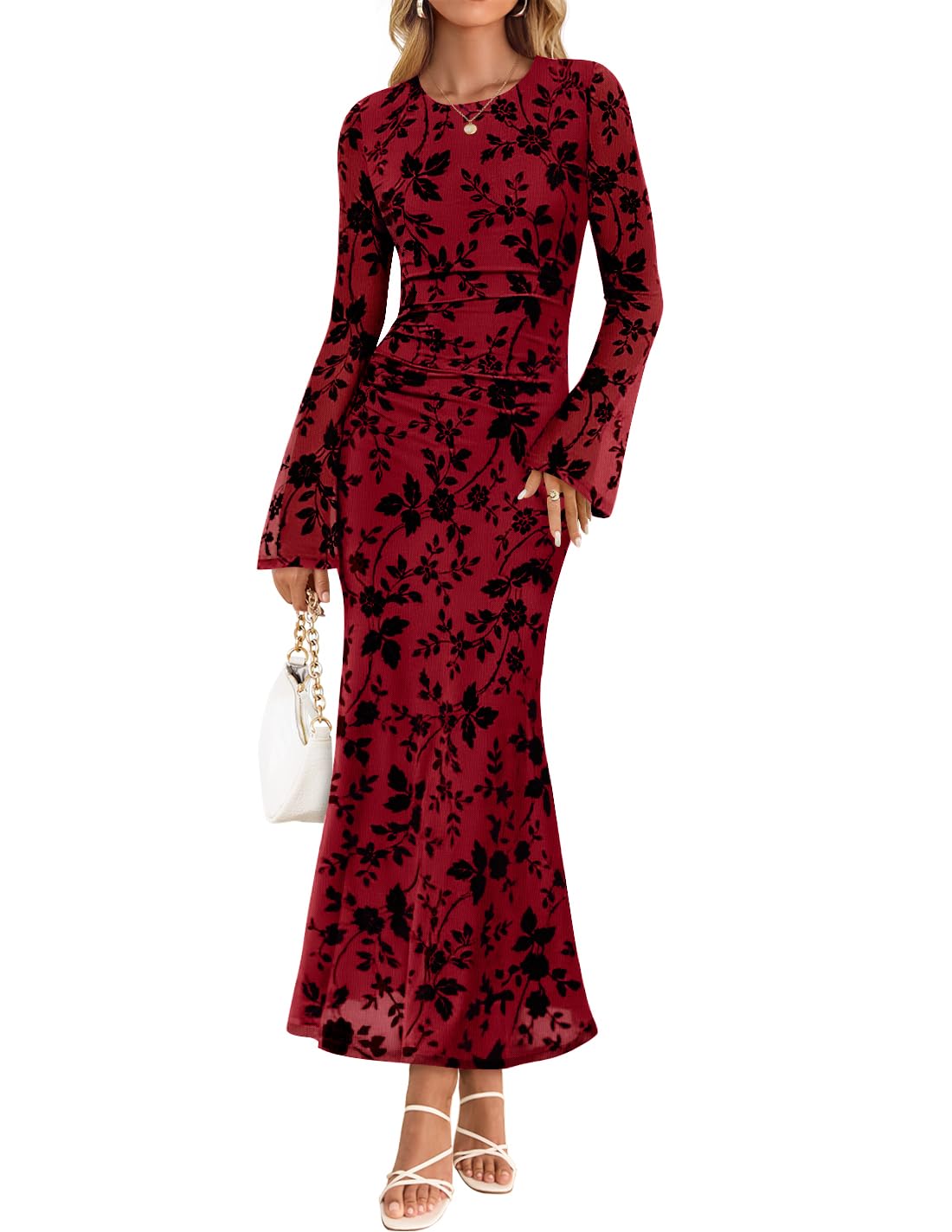 ZESICA Women's Long Sleeve Floral Bodycon Dress 2026 Spring Fall Ruched Mesh Wedding Guest Cocktail Party Maxi Dresses-54