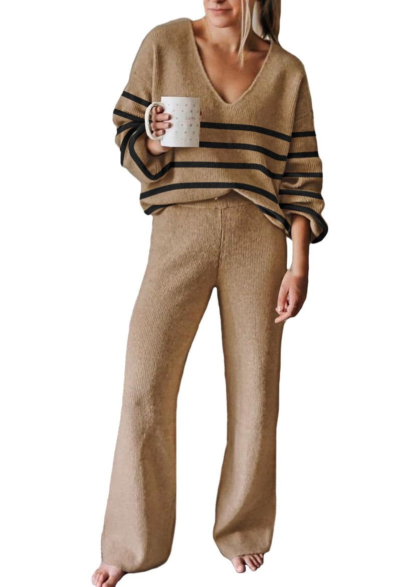 Viottiset Women's 2 Piece Outfits Casual V Neck Knit Wide Leg Sweater Lounge Set Sweatsuit-10