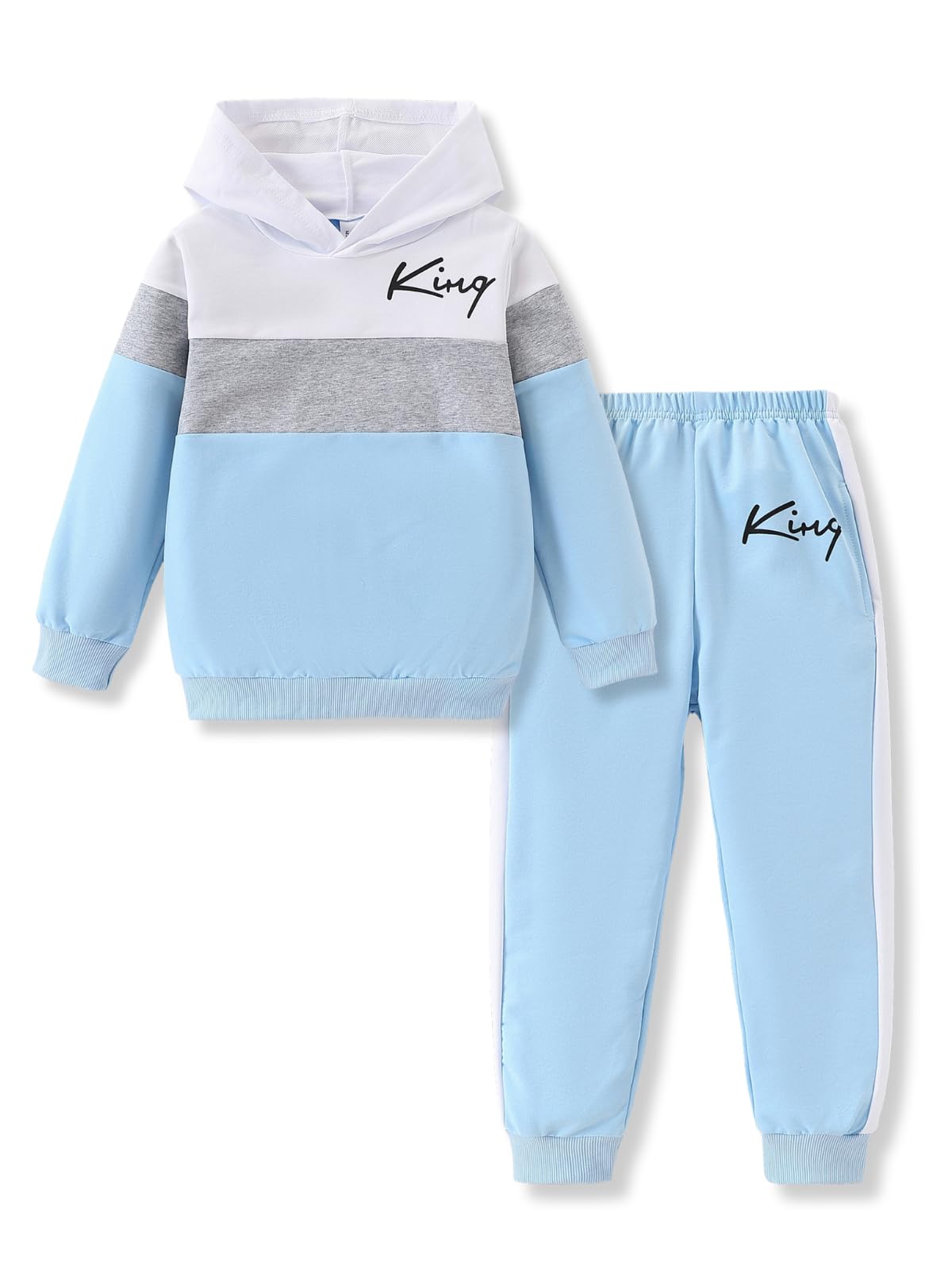 Voxikidio Kids Boys Clothes Color Blocking Hoodie Sweatshirts and Pant 2Pcs Fall Outfits Set Size 5-10