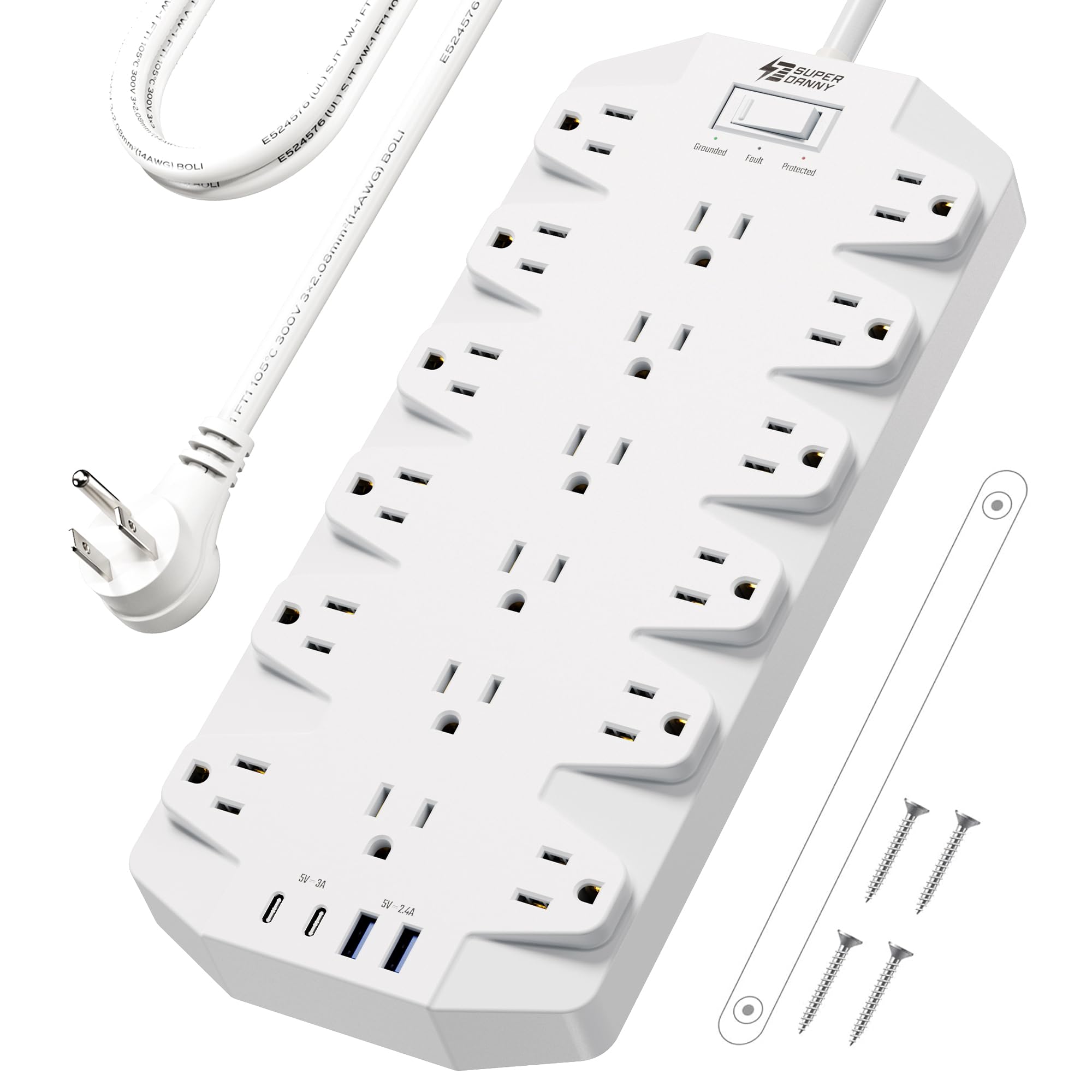 Surge Protector Power Strip, SUPERDANNY 18 AC Outlets with 4 USB Ports, 1875W/15A, 2100J, 6.5FT Flat Plug Heavy Duty Extension Cord with Wall Mount Holes for Home, Office, Gaming Room,Dorm, Black