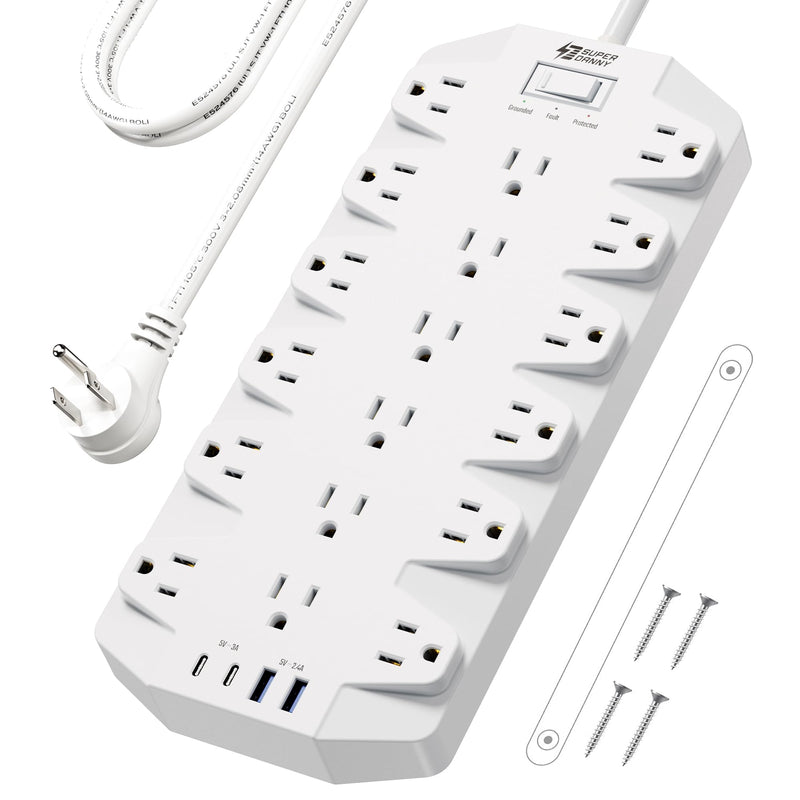 Surge Protector Power Strip, SUPERDANNY 18 AC Outlets with 4 USB Ports, 1875W/15A, 2100J, 6.5FT Flat Plug Heavy Duty Extension Cord with Wall Mount Holes for Home, Office, Gaming Room,Dorm, Black