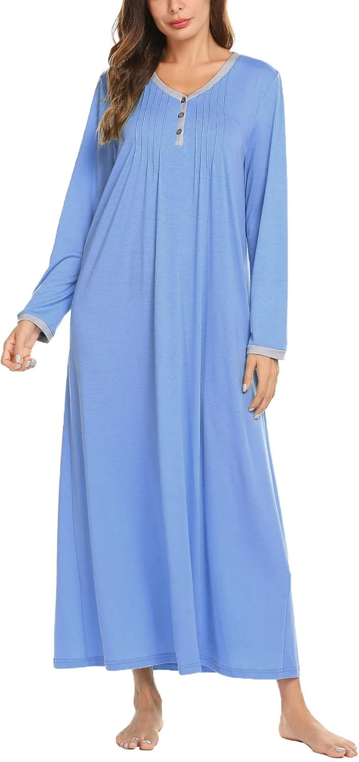 Ekouaer Women's Long Sleeve Nightgown Full Length Sleepwear Long Sleepshirts Henley Sleep Dress S-4XL-14