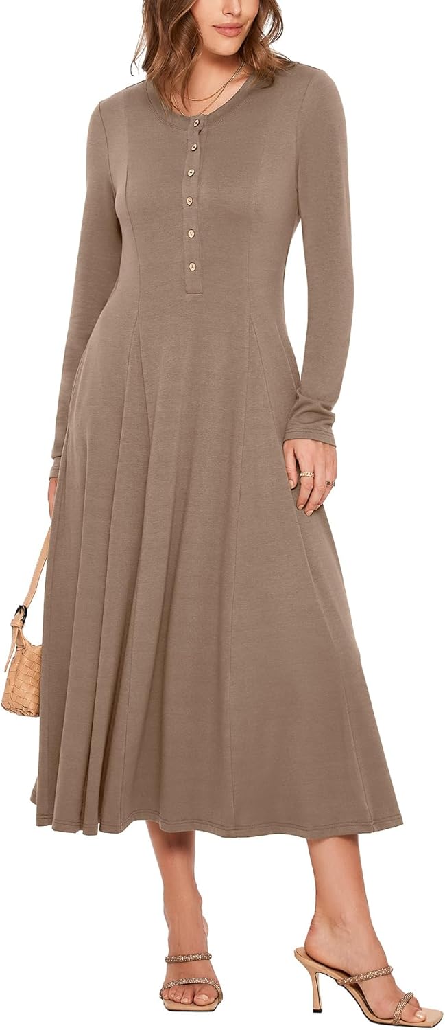 Glamaker Womens Long Sleeve Dress - 2025 Trendy Fashion Crew Neck Button Down Fit & Flare Fall Midi Dresses with Pockets-19