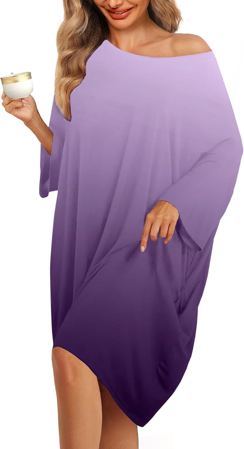 KFUBUO Plus Size Nightgowns for Women Oversized Sleep Tshirts Dress Short Sleeves Sleepwear With Pocket Fit S-5XL-3