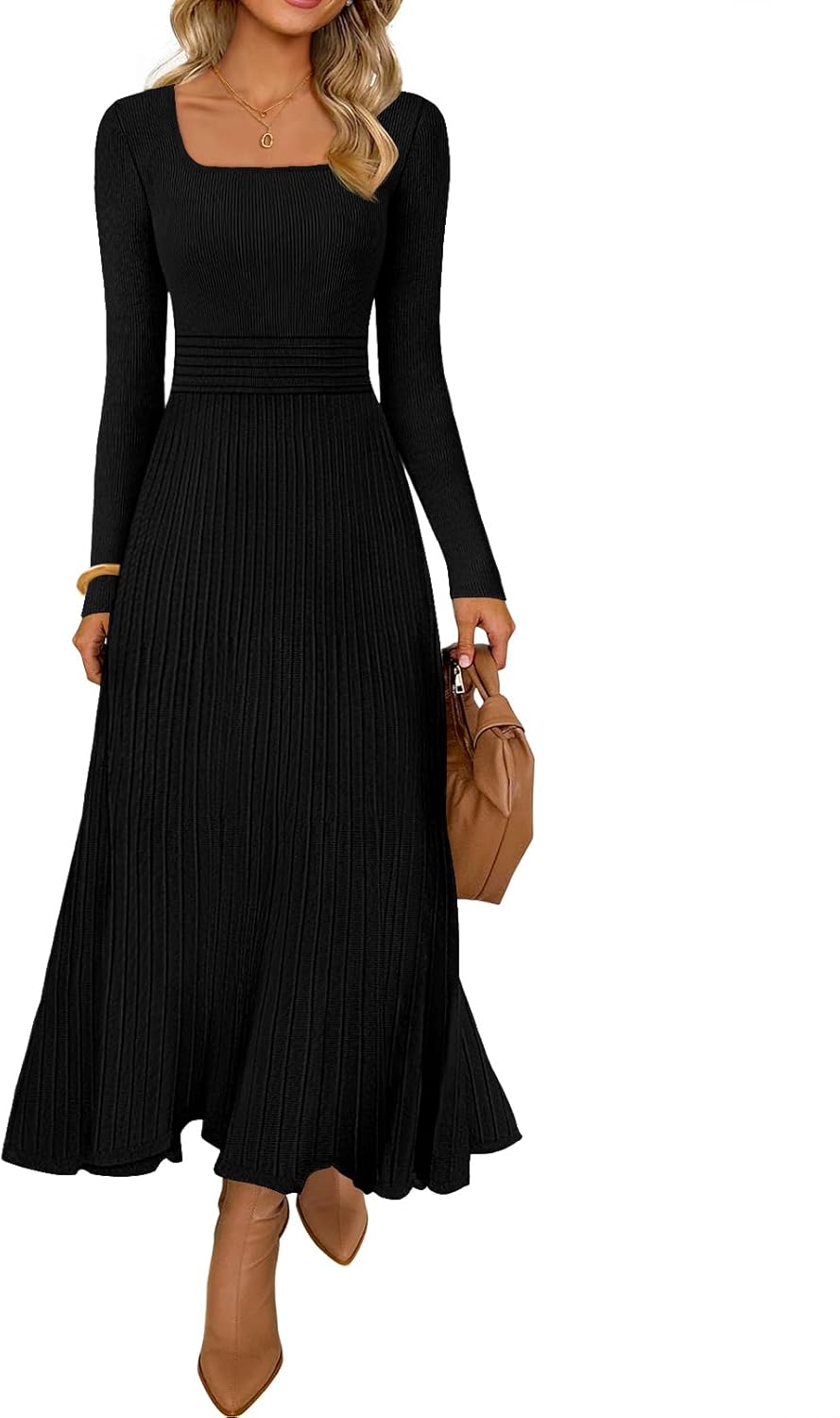 MEROKEETY Women's Sweater Dress 2025 Fall Winter Casual Long Sleeve Square Neck Pleated Church Work Knit Midi Dresses-40