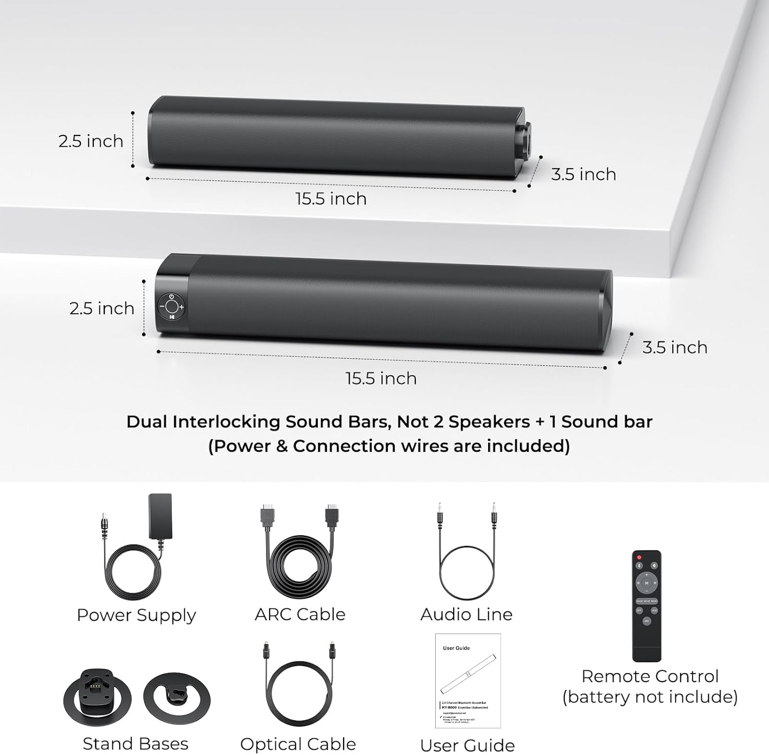 Sound Bar for Smart TV, Soundbar with Bluetooth/ARC/Opt/AUX Connect, Auto Volume Boost, 3 Equalizer Modes, 2 in 1 Detachable Soundbar for TV/PC/Gaming/Projectors