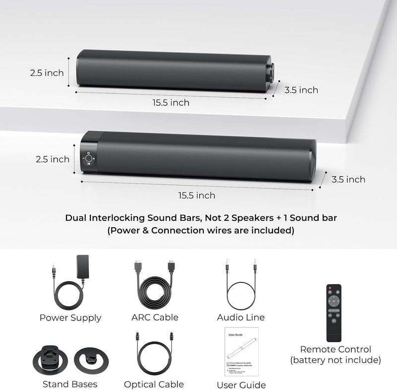 Sound Bar for Smart TV, Soundbar with Bluetooth/ARC/Opt/AUX Connect, Auto Volume Boost, 3 Equalizer Modes, 2 in 1 Detachable Soundbar for TV/PC/Gaming/Projectors