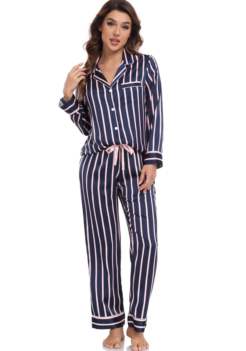Women's Satin Pajama Set Long Sleeve Button Down Sleepwear 2-Piece Silky Pj Set-17