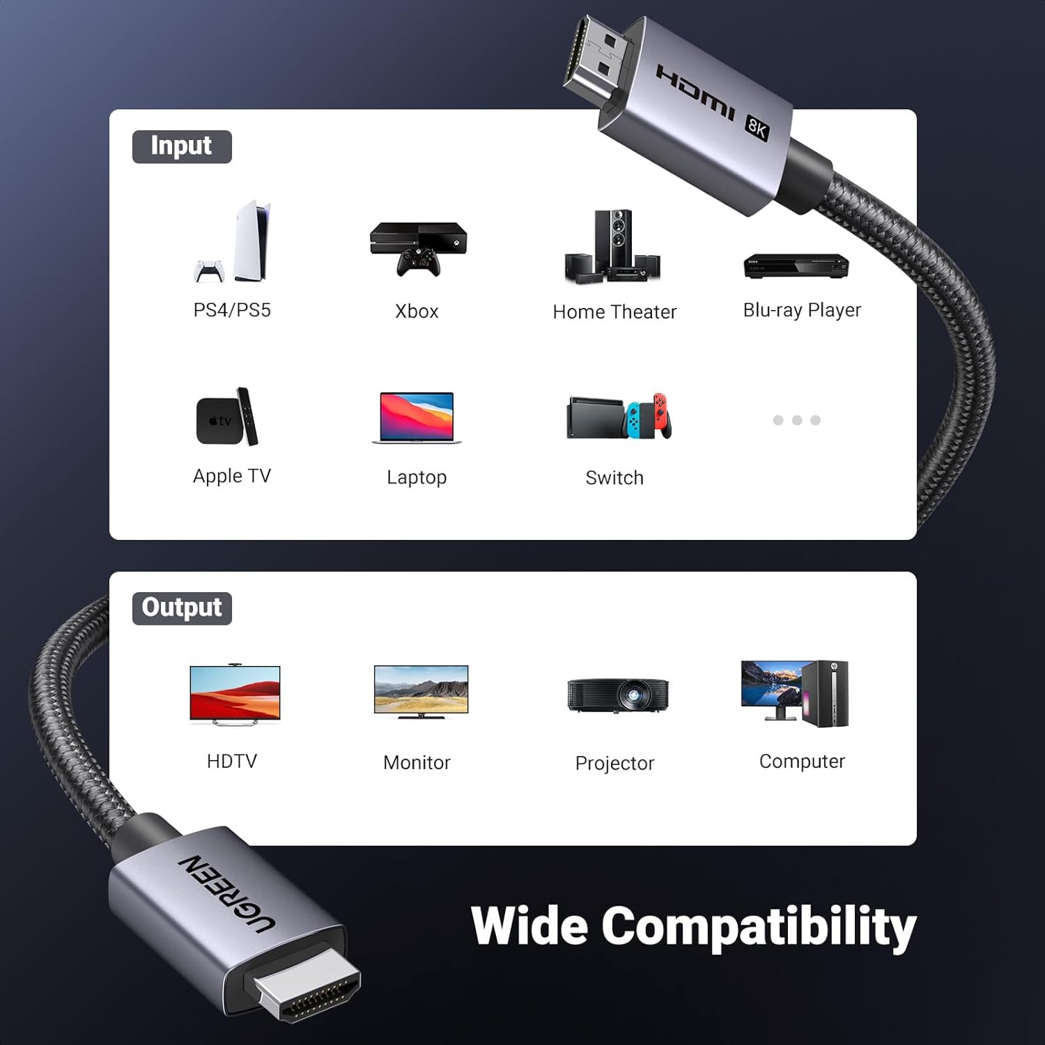 UGREEN 8K HDMI 2.1 Cable 48Gbps 6.6FT, Certified Ultra High Speed HDMI Cord Aluminum, 4K@240Hz 120Hz 10K 8K@60Hz, HDCP 2.2&2.3, eARC HDR 10 Dolby Compatible with PS5/Blu-ray/Roku TV/Switch 2/Mac mini