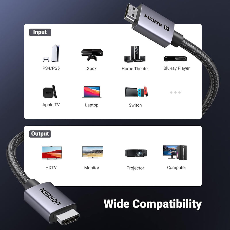 UGREEN 8K HDMI 2.1 Cable 48Gbps 6.6FT, Certified Ultra High Speed HDMI Cord Aluminum, 4K@240Hz 120Hz 10K 8K@60Hz, HDCP 2.2&2.3, eARC HDR 10 Dolby Compatible with PS5/Blu-ray/Roku TV/Switch 2/Mac mini