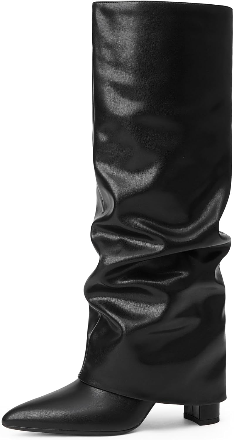 Modatope Knee High Boots Women Fold Over Knee High Boots Chunky High Heels Long Boots Zipper Pointed Toe Dress Tall Boots for Women-4
