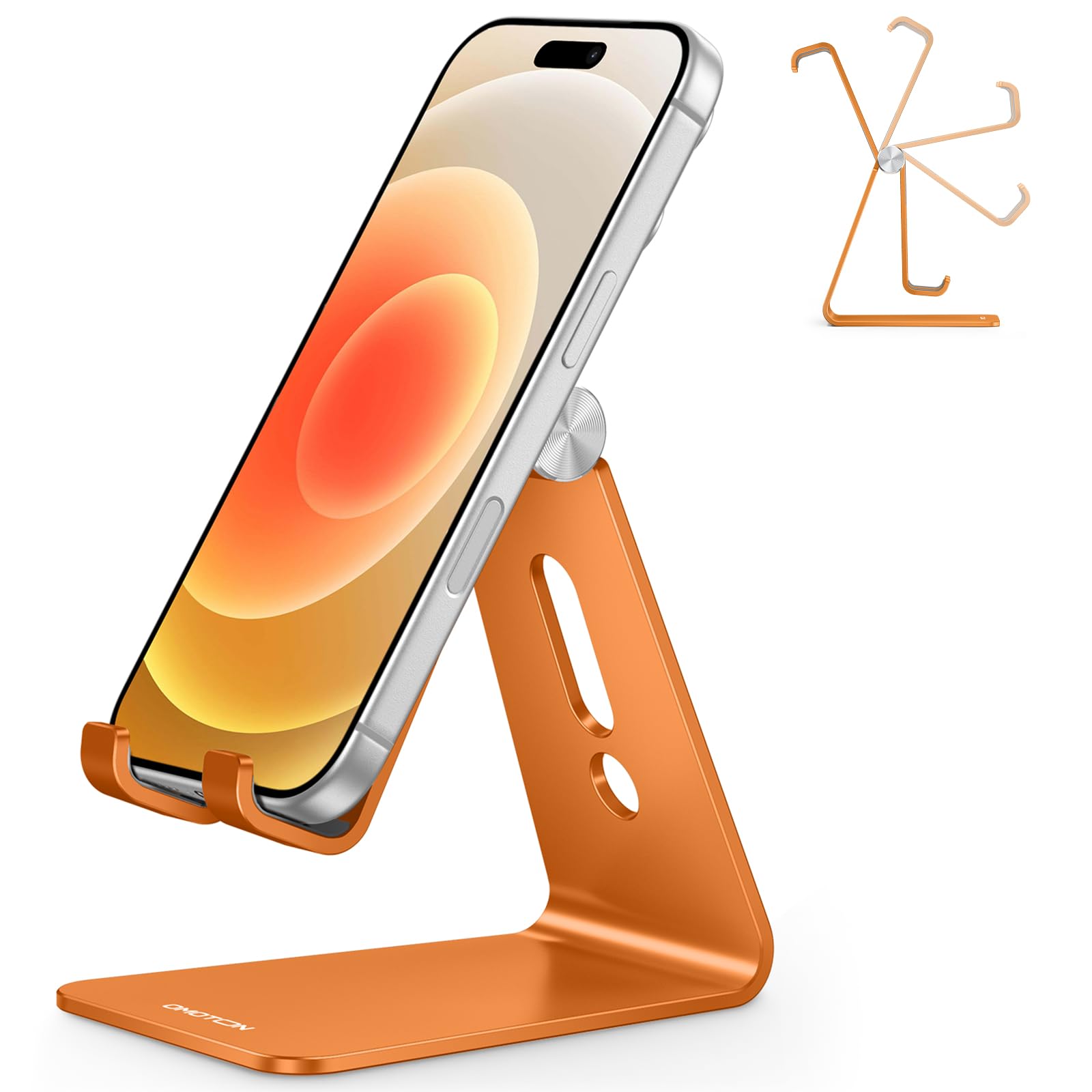 Adjustable Cell Phone Stand, OMOTON Aluminum Desktop Cellphone Stand with Anti-Slip Base and Convenient Charging Port, Fits All Smart Phones, Silver