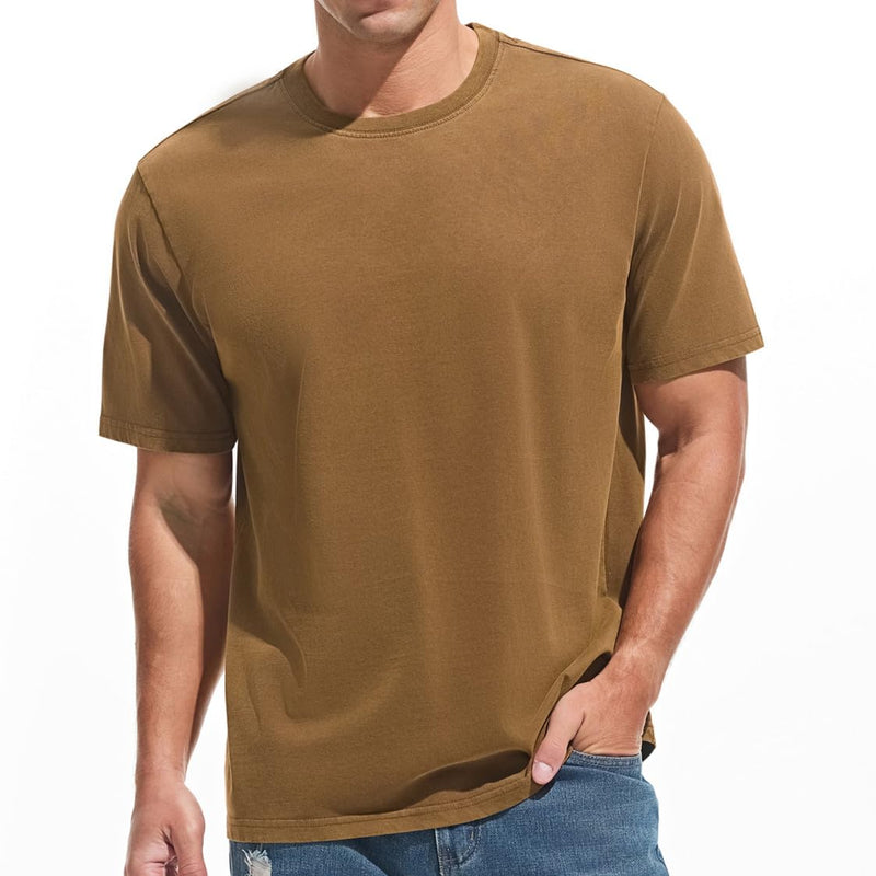 VEIISAR Men's Heavy Weight Crew Neck 100% Cotton T-Shirt - 250g/m² Thick Distressed Washed T-Shirts for Men