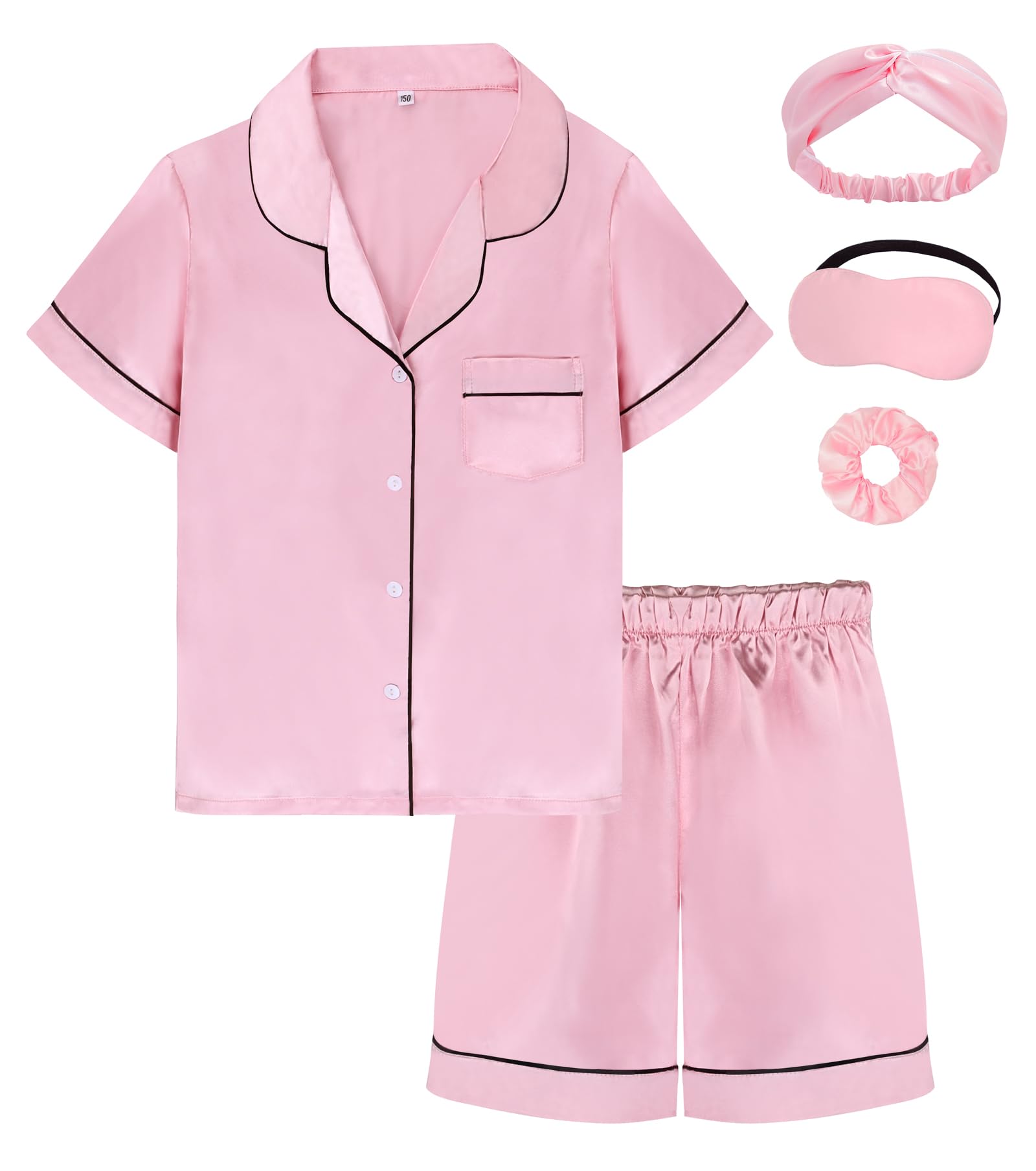 EPLAZA Kids Satin Pajamas Sets Girls Boys Button-Down Silky Pajamas Sleepwear with Hairband Eye Mask Hair Tie