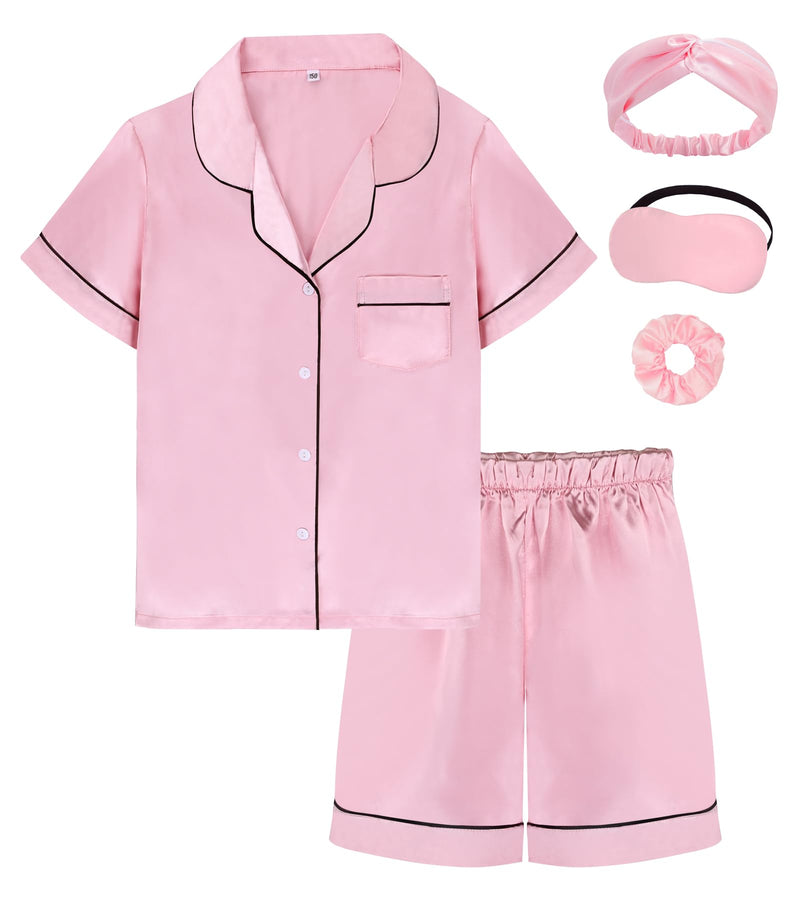 EPLAZA Kids Satin Pajamas Sets Girls Boys Button-Down Silky Pajamas Sleepwear with Hairband Eye Mask Hair Tie