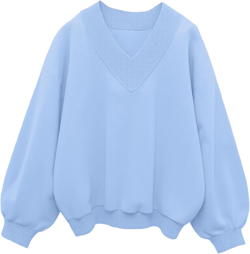 Hilinker Womens V Neck Oversized Sweatshirts Casual Drop Shoulder Long Sleeve Pullover Tops-97