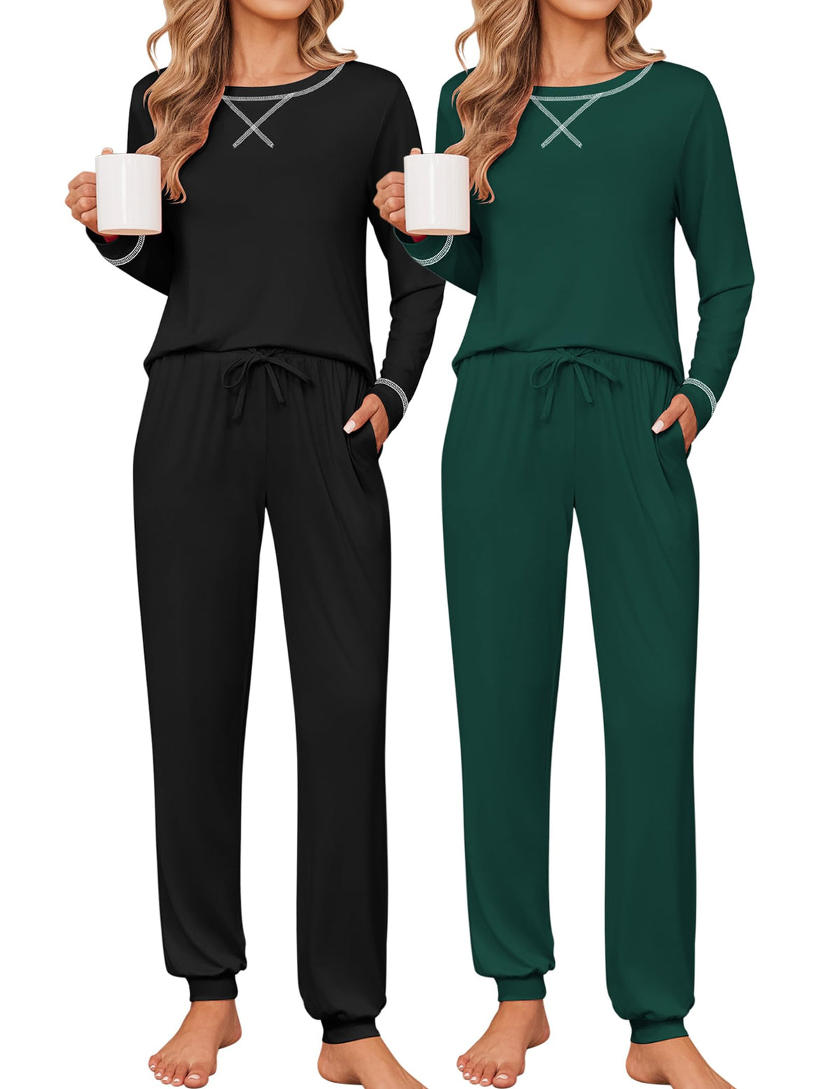 Ekouaer 2 Pack Pajama Sets for Women Long Sleeves Lounge Set Jogger Pants