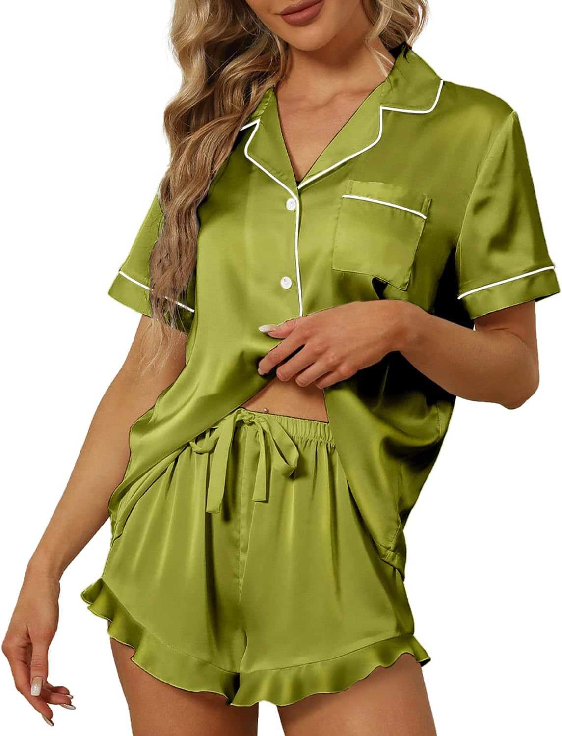 SAPJON Satin Silk Pajamas for Women 2Pcs Ruffle Notch Collar Sleepwear Button Down Short Sleeve Shorts Pjs Set Loungewear-25
