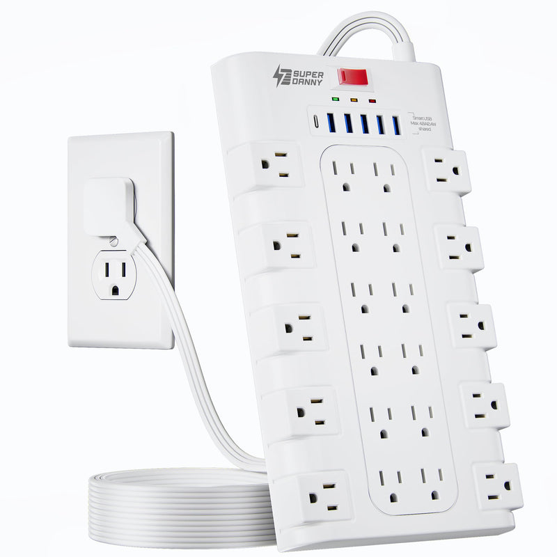 Power Strip, SUPERDANNY Surge Protector with 22 AC Outlets and 6 USB Charging Ports, 1875W/15A, 2100 Joules, 6.5Ft Flat Plug Heavy Duty Extension Cord for Home, Office, Dorm, Gaming Room, Black