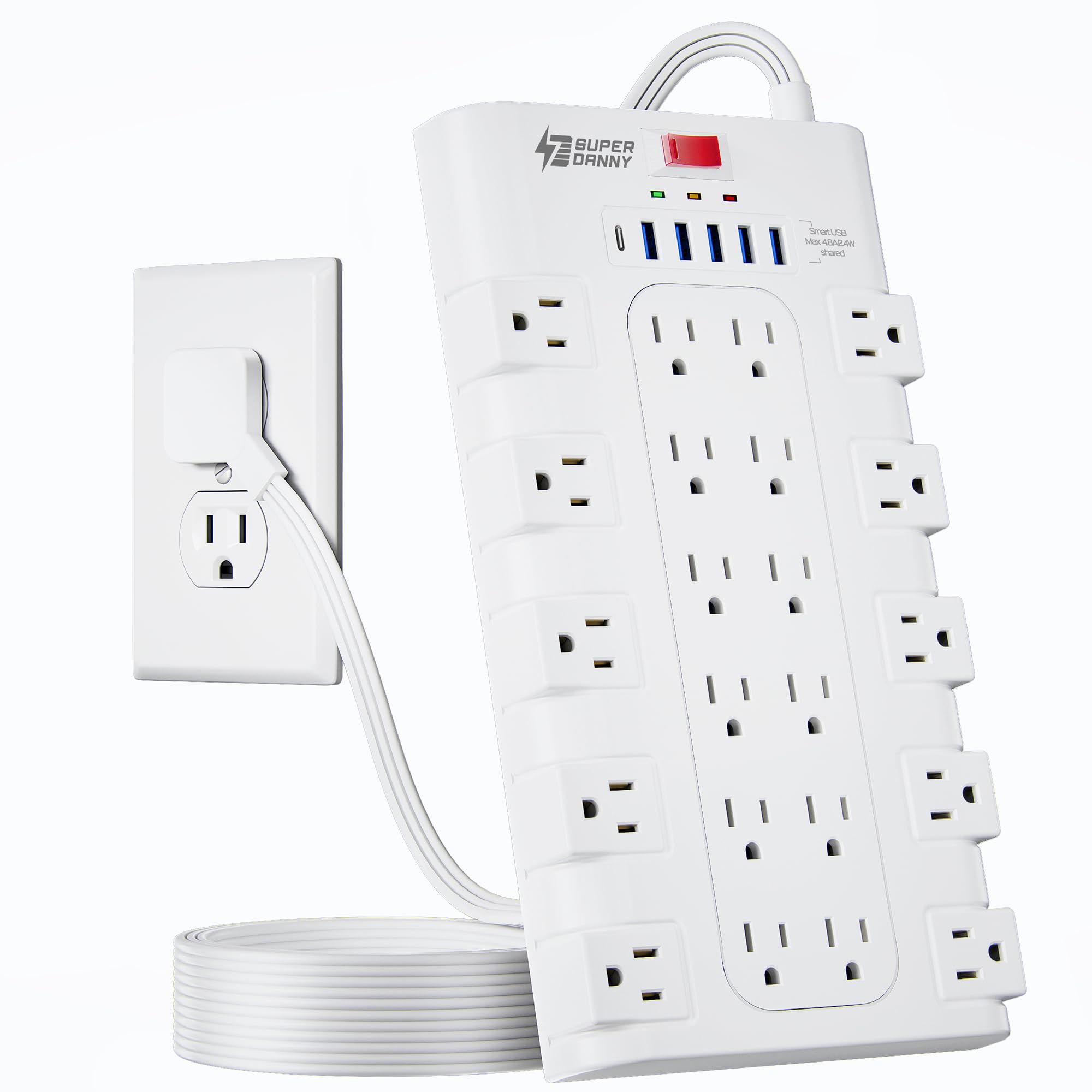 Power Strip, SUPERDANNY Surge Protector with 22 AC Outlets and 6 USB Charging Ports, 1875W/15A, 2100 Joules, 6.5Ft Flat Plug Heavy Duty Extension Cord for Home, Office, Dorm, Gaming Room, Black