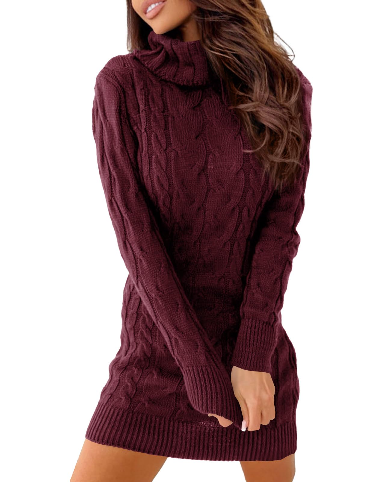 Langwyqu Womens Cable Knit Sweater Dress Sexy Long Sleeve Bodycon Turtleneck Mini Fall Sweaters Dresses-19