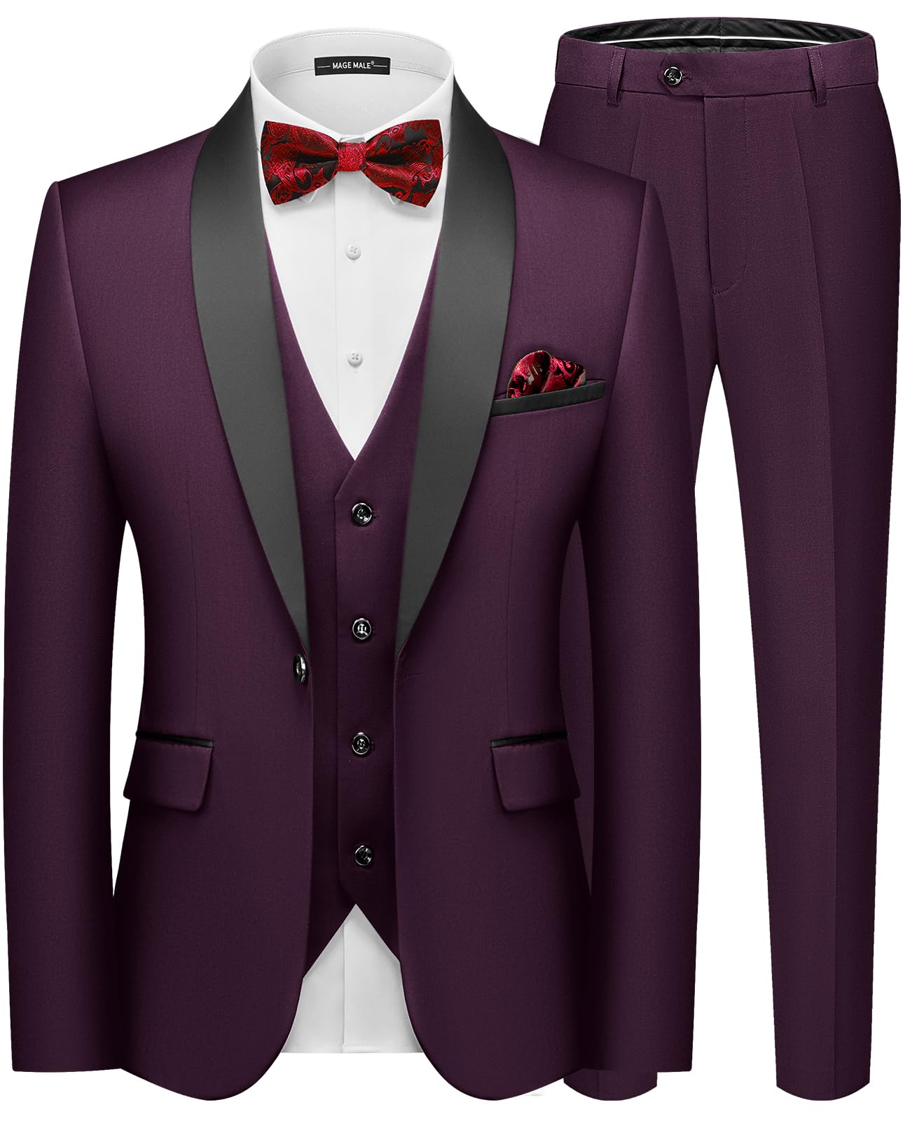 MAGE MALE Men's Slim Fit 3 Piece Suit One Button Solid Shawl Lapel Blazer Jacket Vest Pants Set with Tie Pocket Square-94