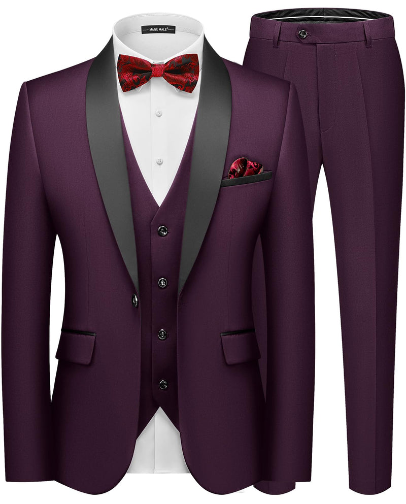 MAGE MALE Men's Slim Fit 3 Piece Suit One Button Solid Shawl Lapel Blazer Jacket Vest Pants Set with Tie Pocket Square-94