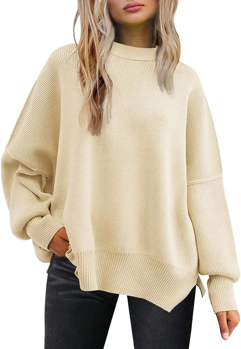 LILLUSORY Women's Oversized Batwing Sweaters 2025 Fall Outfits Trendy Crewneck Knit Side Slit Fashion Pullover Tops-50