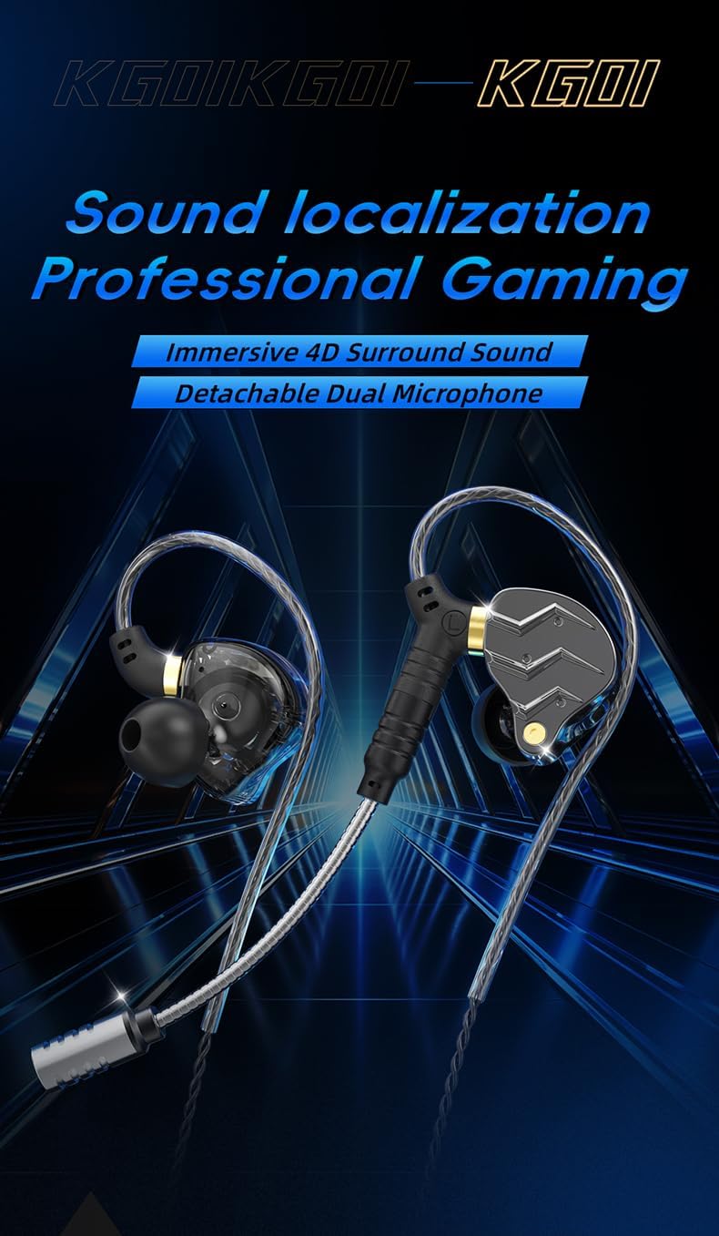 KG01 Professional Gaming Earbuds,Battle Buds,Detachable Microphone, 4D Surround Sound,11mm Dynamic Driver for Mobile Gaming, PlayStation,PC with 3.5mm/Type-c (3.5mm, Black)