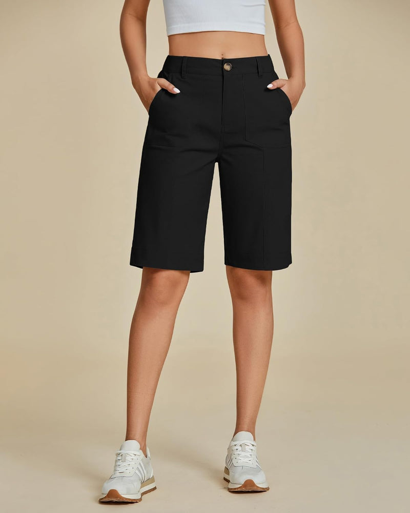 luvamia Bermuda Shorts for Women Knee Length High Waisted Cotton Elastic Waist Summer Dressy Casual Long Chino Shorts