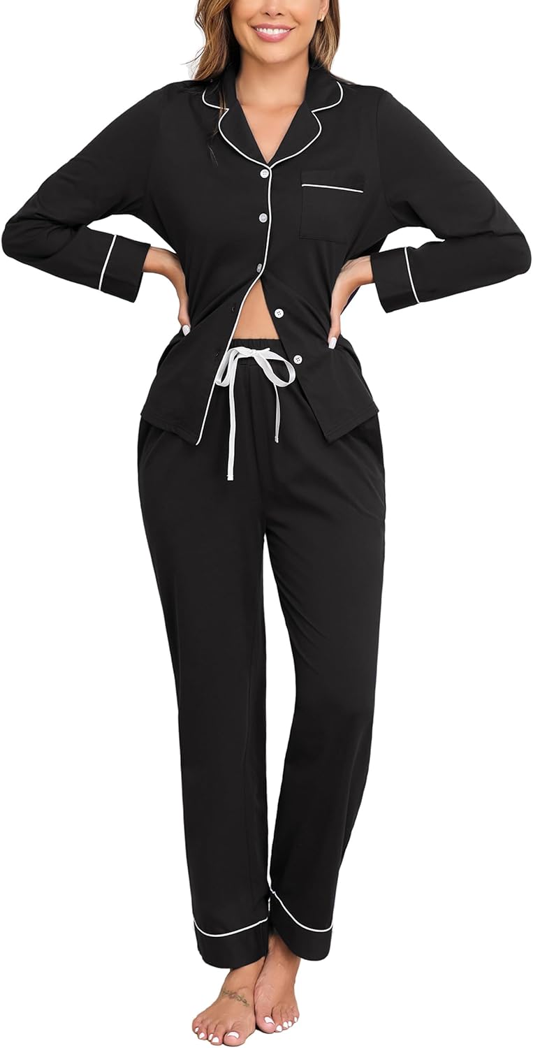 Veseacky 100% Cotton Pajamas for Women Set Long Sleeve Button Down Sleepwear Soft Pjs Lounge Sets with Pockets XS-XXL-9