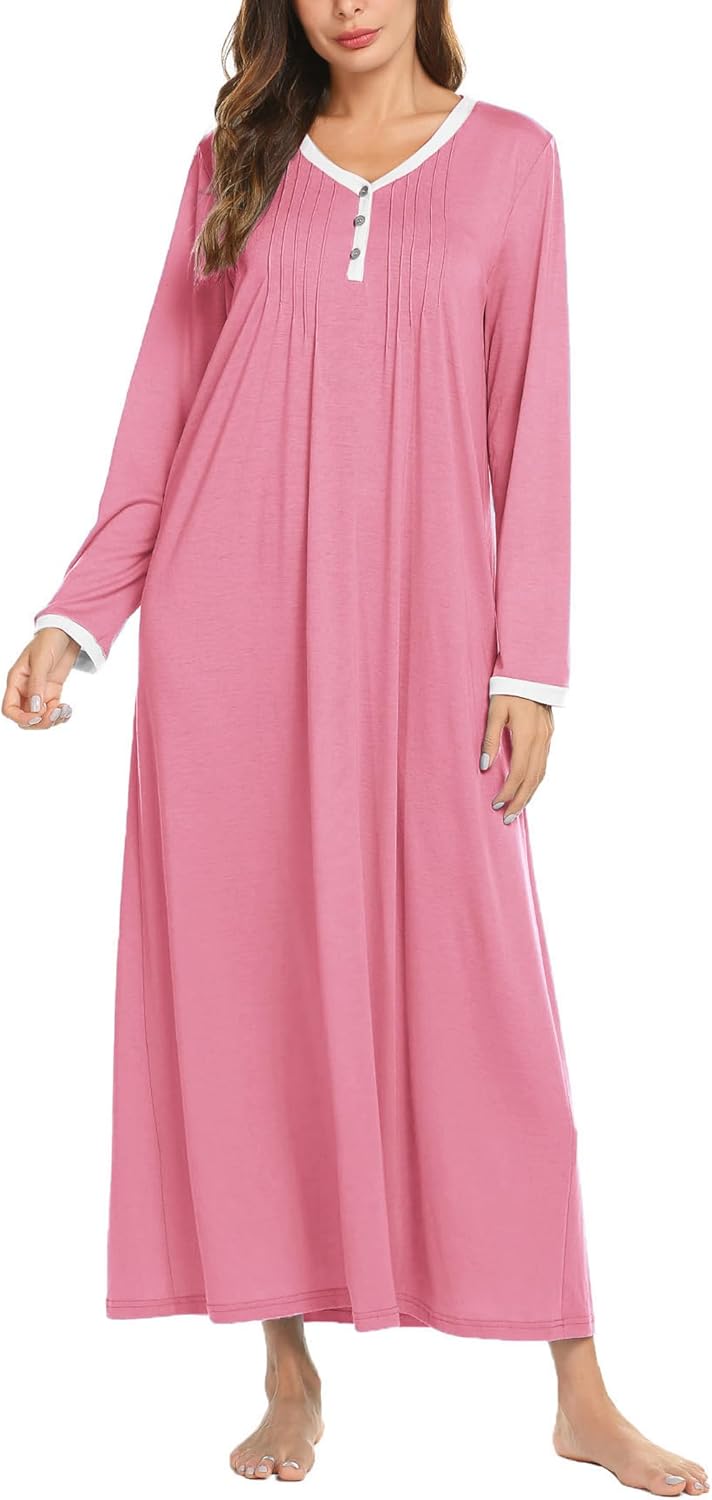 Ekouaer Women's Long Sleeve Nightgown Full Length Sleepwear Long Sleepshirts Henley Sleep Dress S-4XL-40