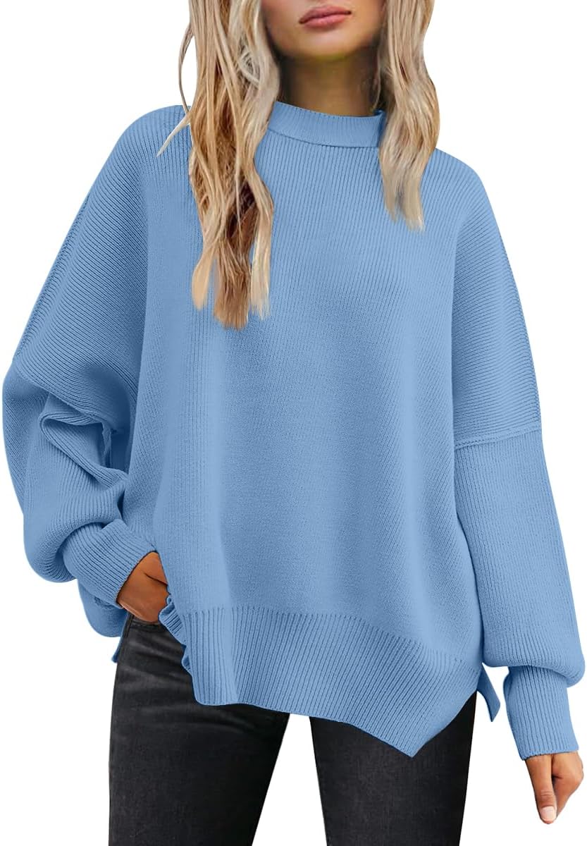 LILLUSORY Women's Oversized Batwing Sweaters 2025 Fall Outfits Trendy Crewneck Knit Side Slit Fashion Pullover Tops-80