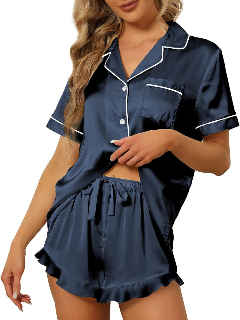 SAPJON Satin Silk Pajamas for Women 2Pcs Ruffle Notch Collar Sleepwear Button Down Short Sleeve Shorts Pjs Set Loungewear-33