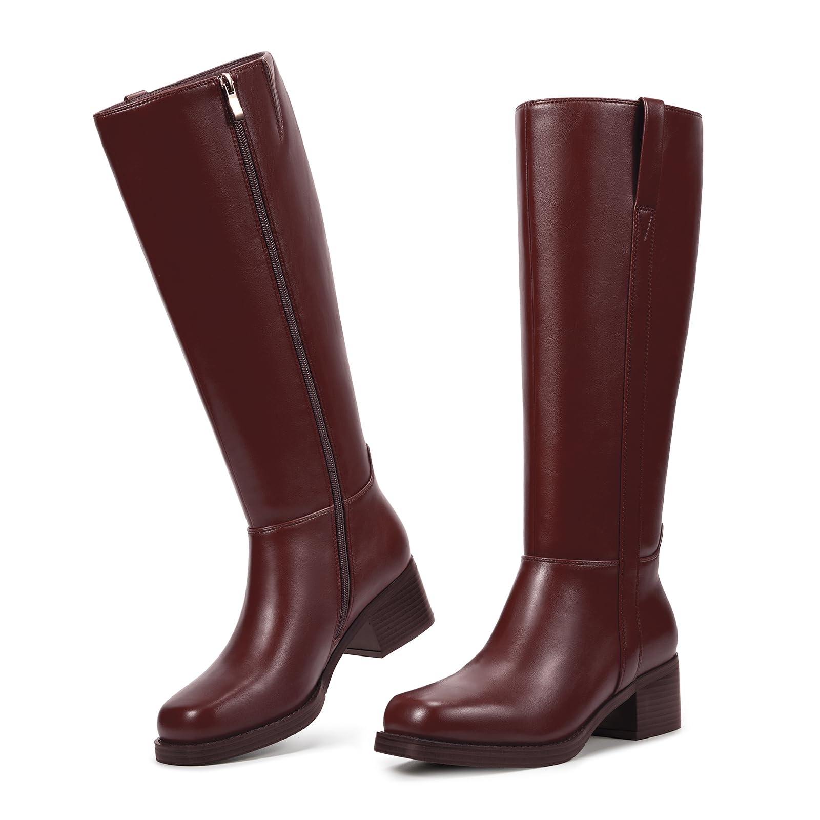 wetkiss Women’s Knee High Boots Chunky Block Heel Tall Boots Knee High Square Toe Long Boot Mid Low Heel Boot with Zipper-3