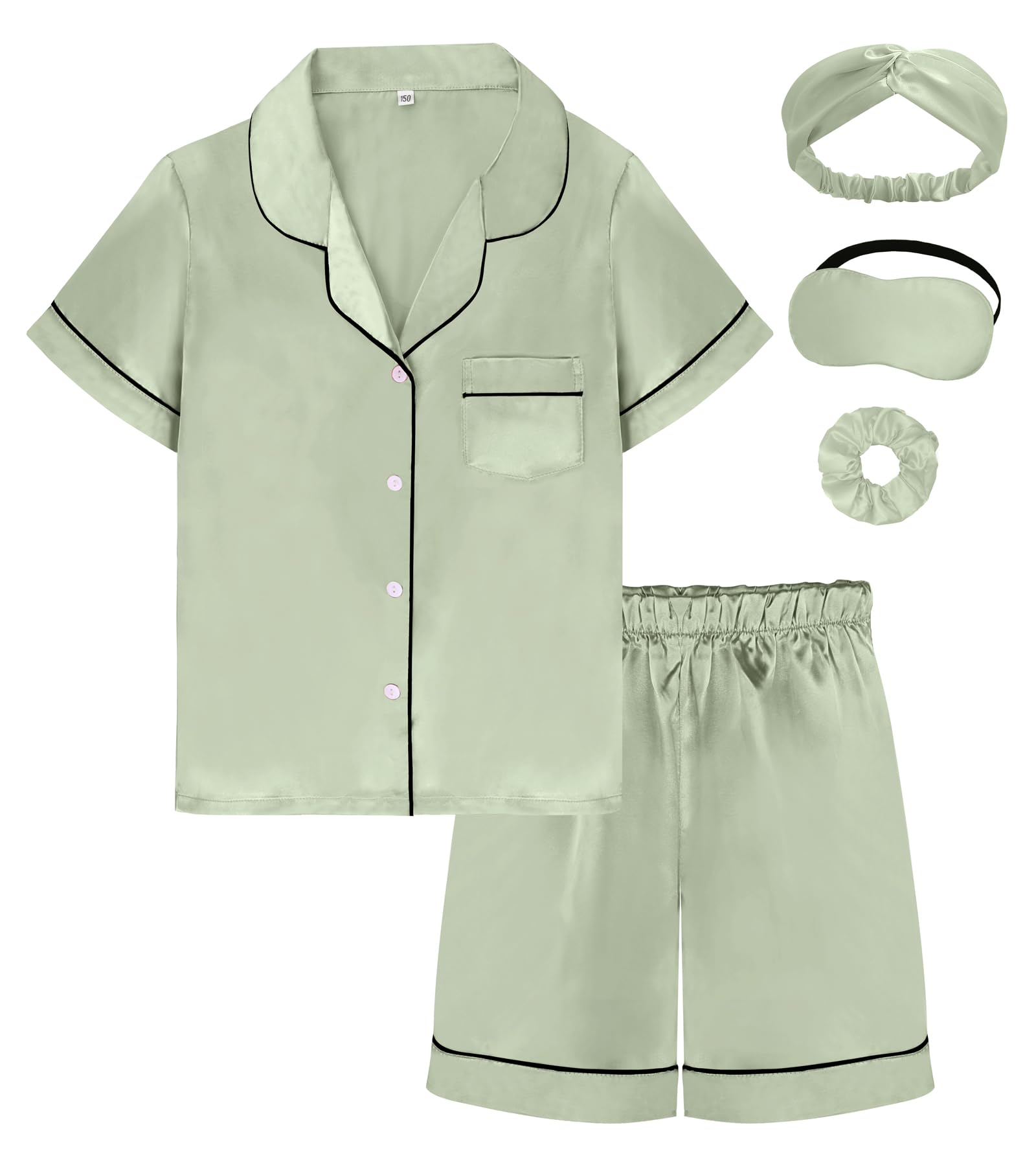 EPLAZA Kids Satin Pajamas Sets Girls Boys Button-Down Silky Pajamas Sleepwear with Hairband Eye Mask Hair Tie
