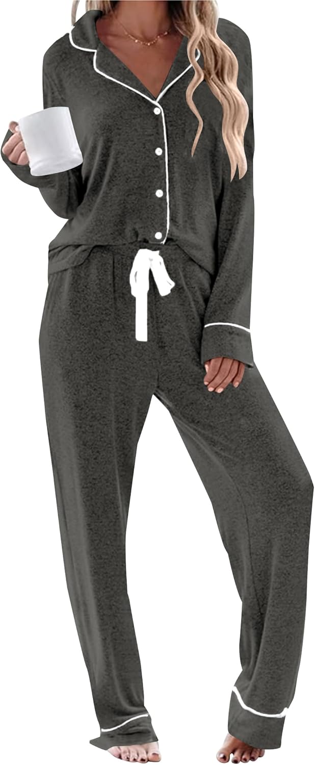 Womens Long Sleeve Pajamas Set Soft Sleepwear Shirt and Long Pants Pj Lounge Sets Button Down Nightwear with Pockets-8