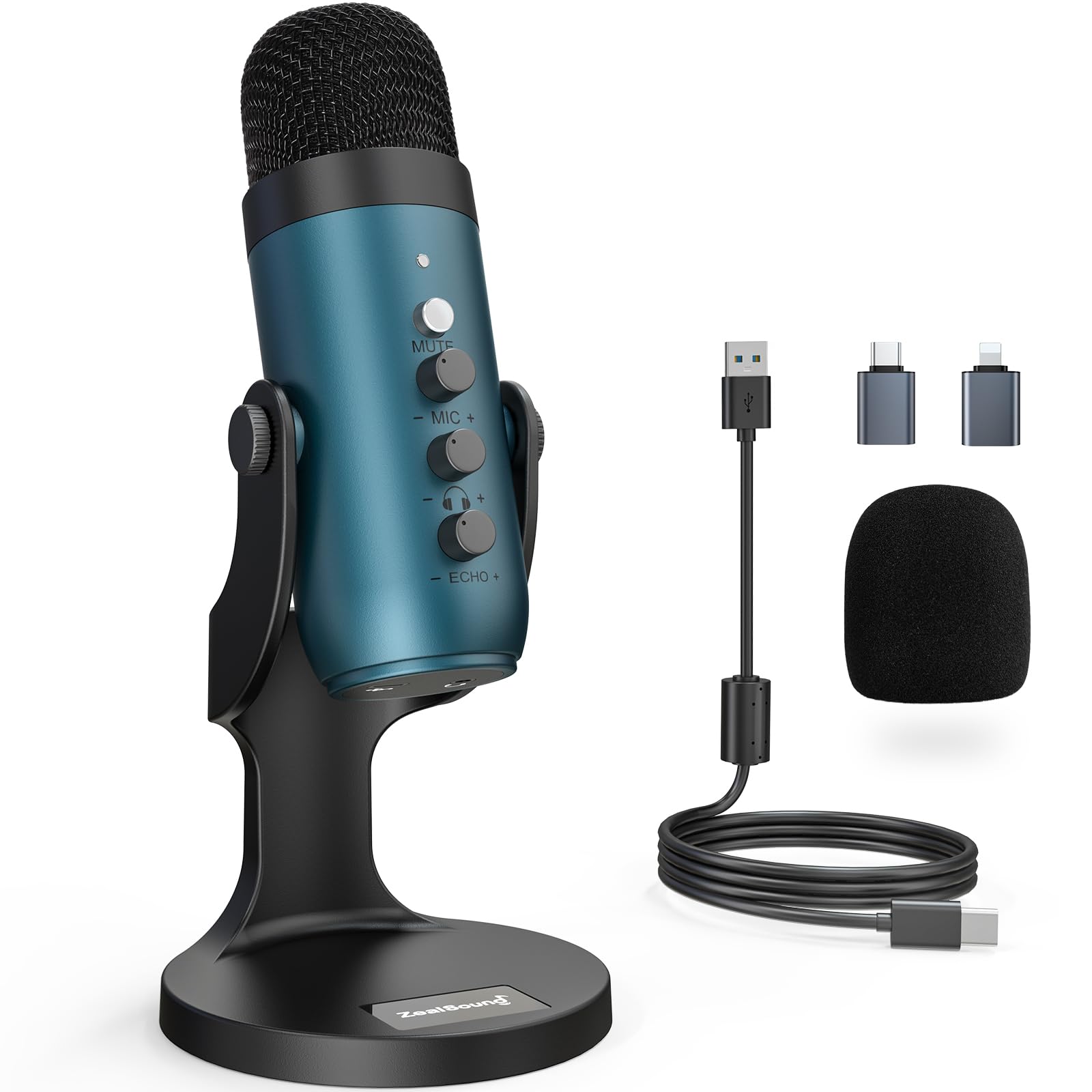 ZealSound Podcast Microphone for PC, Noise Cancellation USB Mic with Gain, Volume Adjustment & Mute Button, Monitoring & Echo, for YouTube, TikTok, Podcasting, Streaming, iPhone, iPad, Android, Mac