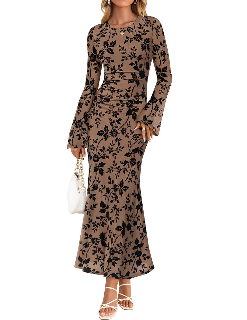 ZESICA Women's Long Sleeve Floral Bodycon Dress 2026 Spring Fall Ruched Mesh Wedding Guest Cocktail Party Maxi Dresses-52