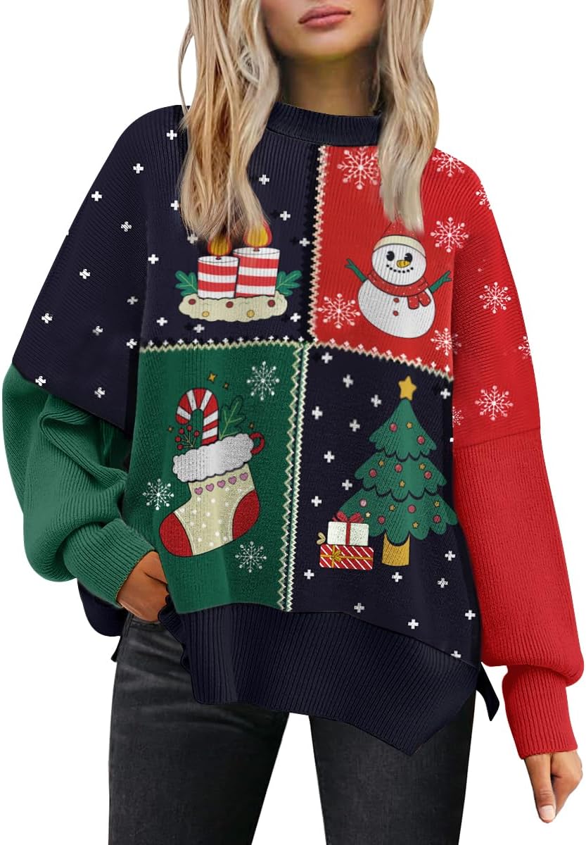 LILLUSORY Women's Oversized Batwing Sweaters 2025 Fall Outfits Trendy Crewneck Knit Side Slit Fashion Pullover Tops-78