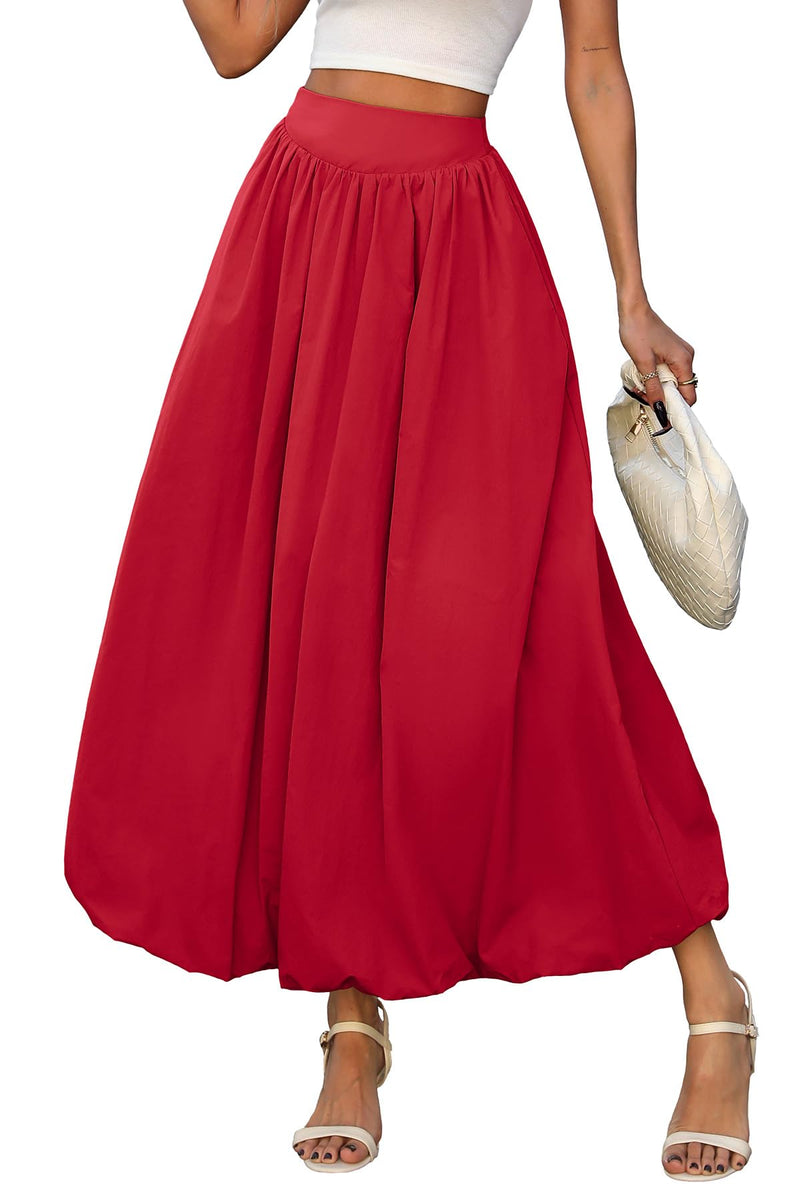 ELLEVEN Women's Bubble Maxi Skirt, Elastic Waist Puffy Hem A-Line Skirt with Pockets